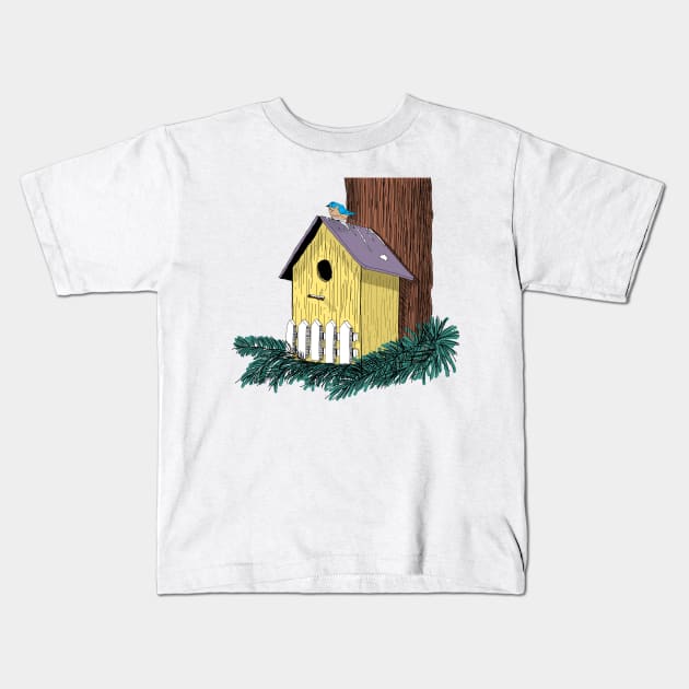 Funny Bluebird on Birdhouse Kids T-Shirt by H. R. Sinclair